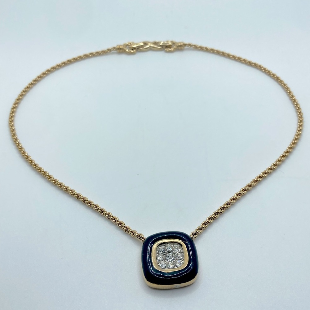 𝅺vtg Nina Ricci Black Enamel Rhinestone Square Pendant Gold Tone Necklace 17” - Picture 2 of 8